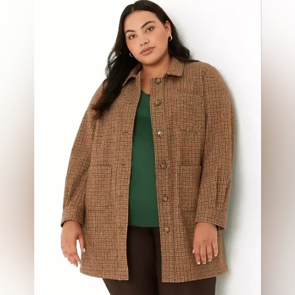 NWT Lane Bryant Womens Brushed Faux Wool Houndstooth Jacket Button Up Tan 20